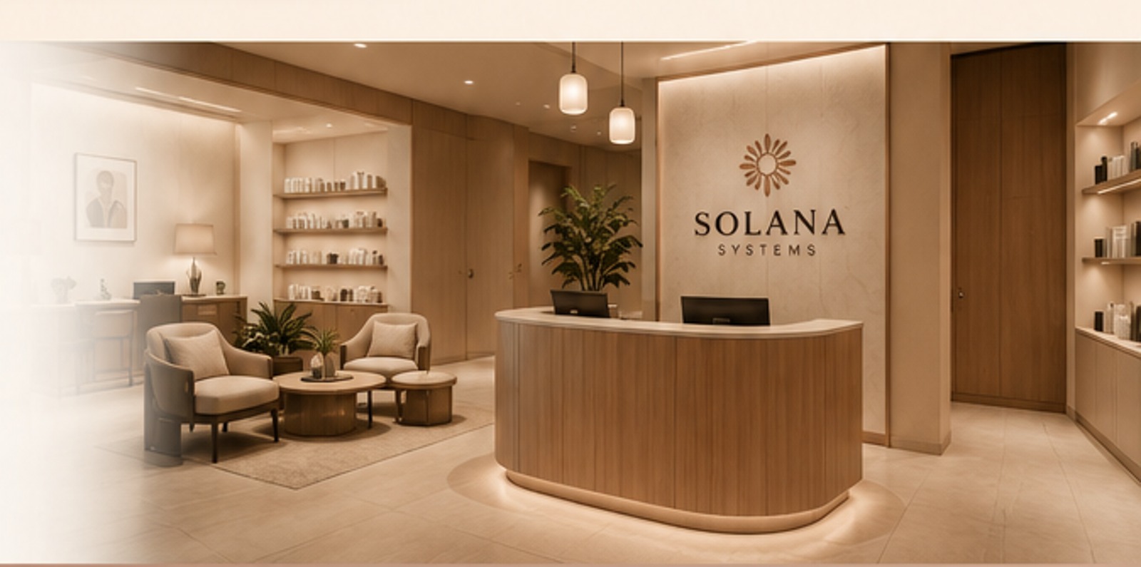 Warm beige and wood med spa reception interior